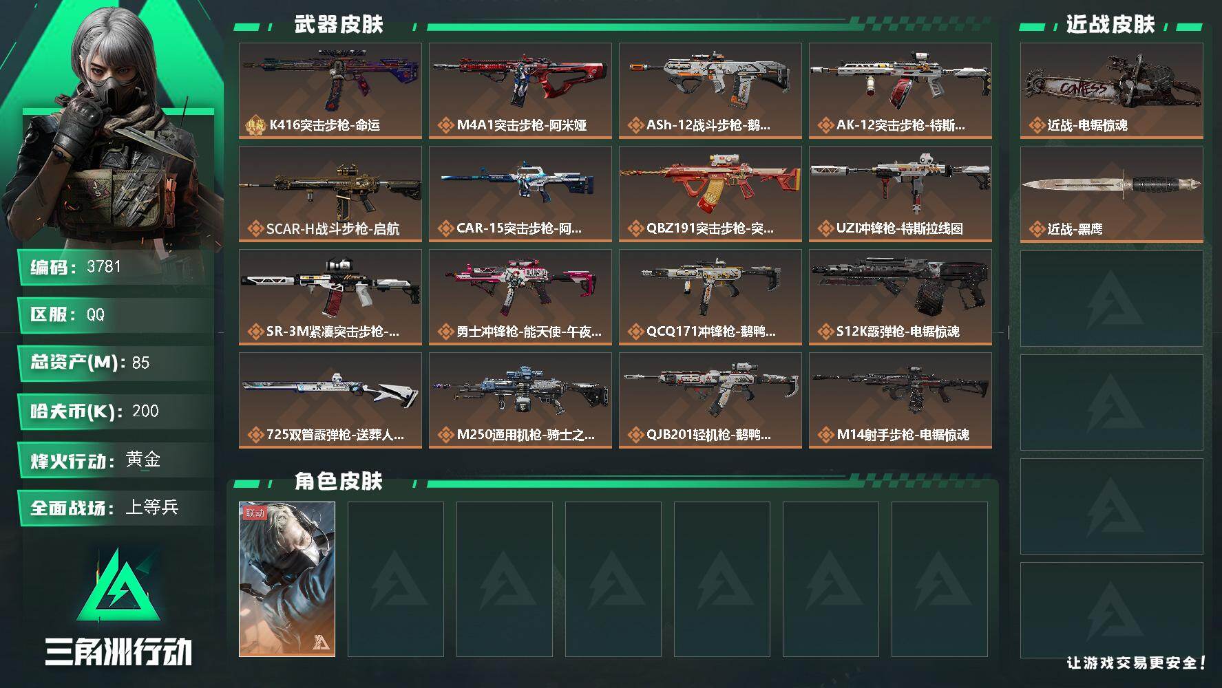 三角洲行动账号QQ总资产(M)：85M/哈夫币(K)：200K/哈夫币(K)：200K/传说枪皮数：19/全面战场等级