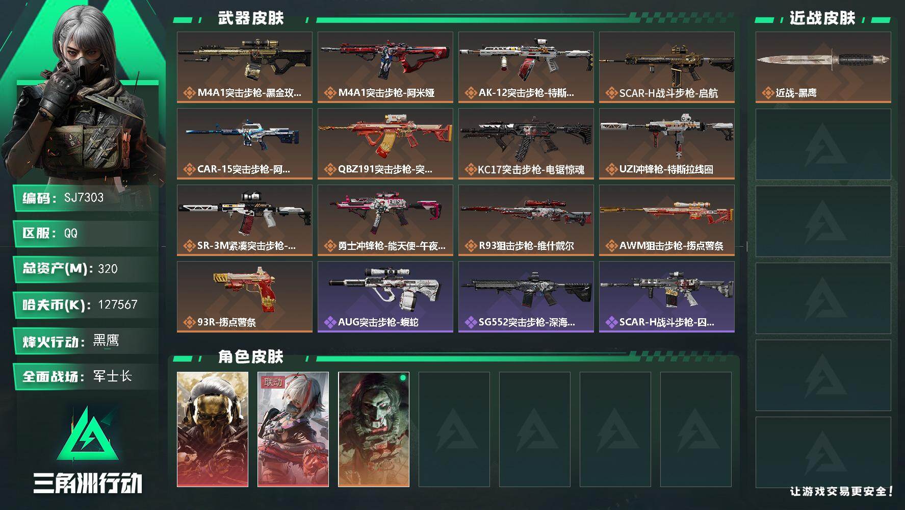 三角洲行动账号QQ【SJ7303】总资产(M)：320M/哈夫币(K)：127567K/哈夫币(K)：127567K/传说枪皮数：13/全面战场等级：21_段位：军士长/烽火地带等级：60_段位：黑鹰/红狼-蚀金玫瑰