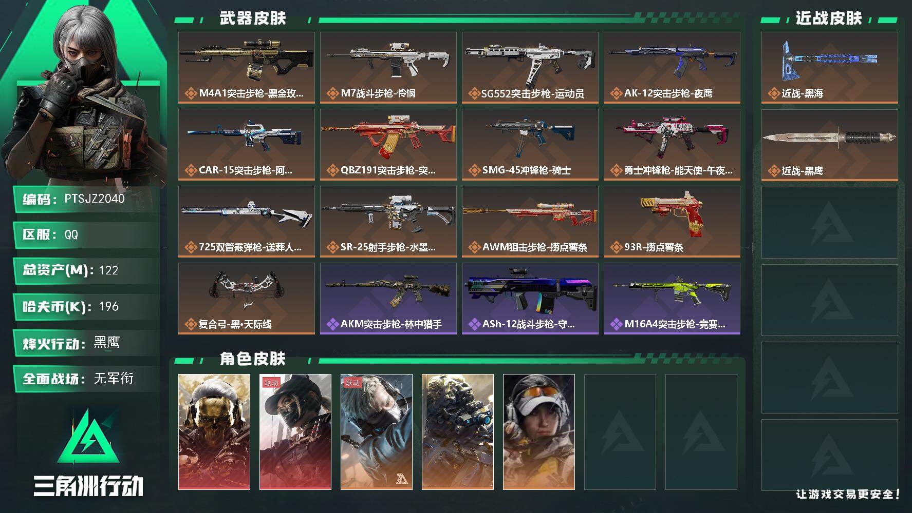 三角洲行动账号QQ【PTSJZ2040】总资产(M)：122M/哈夫币(K)：196K/哈夫币(K)：196K/传说枪