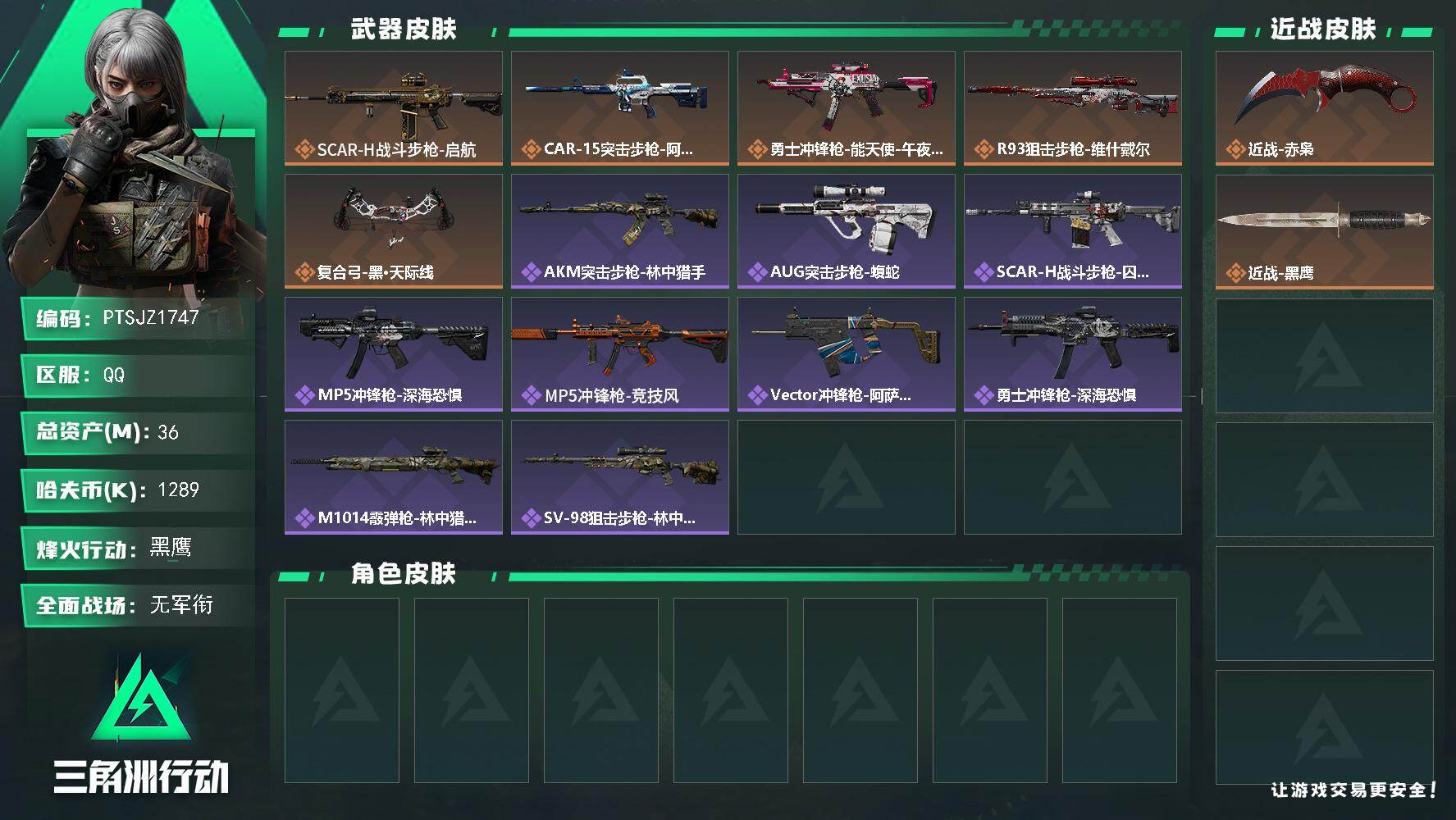 三角洲行动账号QQ【PTSJZ1747】总资产(M)：36M/哈夫币(K)：1289K/哈夫币(K)：1289K/传说