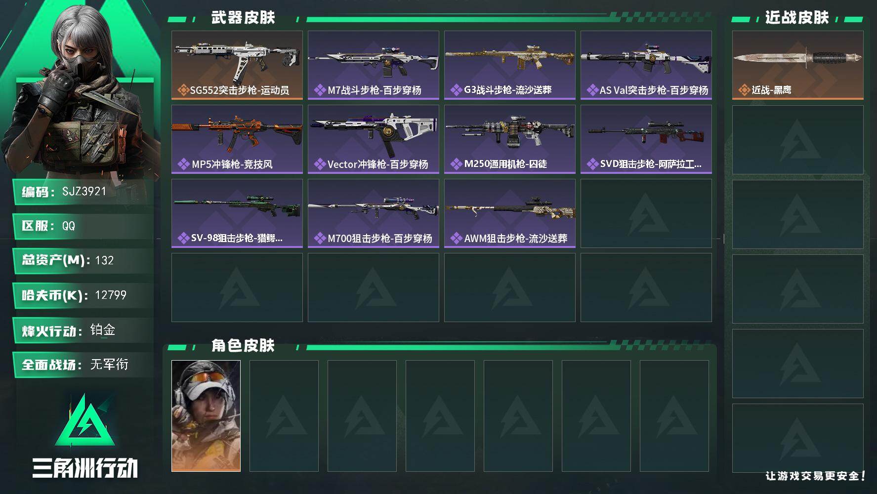 三角洲行动账号QQ【SJZ3921】总资产(M)：132M/哈夫币(K)：12799K/哈夫币(K)：12799K/传说枪皮数：1/全面战场等级：5_段位：无段位/烽火地带等级：60_段位：铂金/非洲之心/露娜-金牌