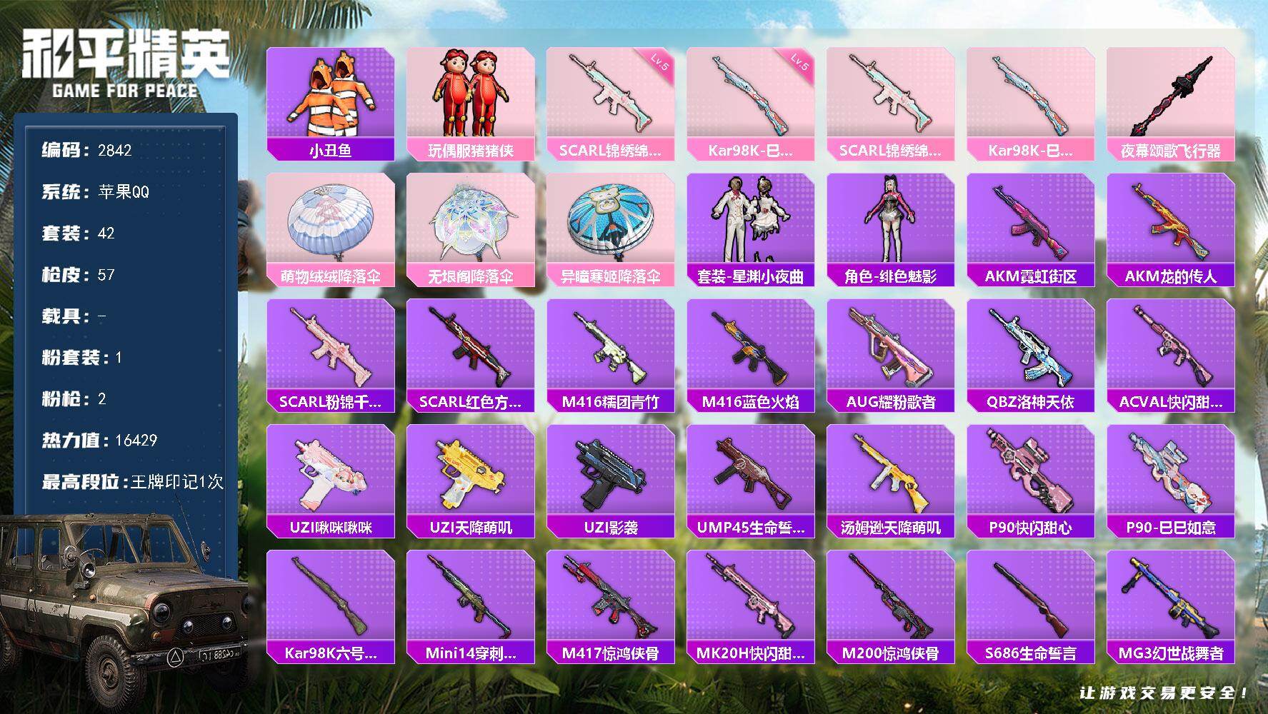 和平精英账号苹果QQ0载具-42套装-57枪皮-42套装/枪械2/装备61/战备46/王牌印记1/热力值16429/五级