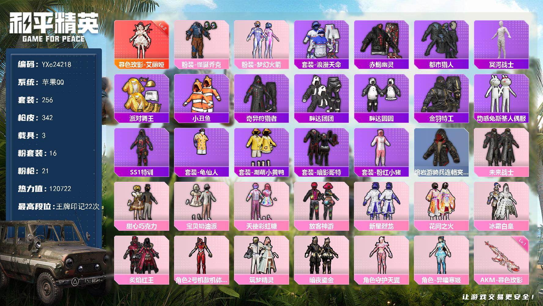 和平精英账号苹果QQ3载具-256套装-342枪皮-【顶级素材号！2级艾丽娅 木乃伊 赤蝎 都市 金鞋 红螳螂 新101
