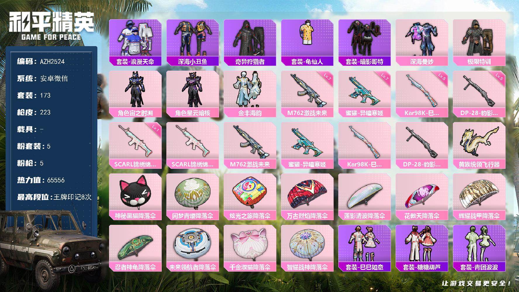 和平精英账号安卓微信0载具-173套装-223枪皮-【AZH2524】安卓 微信【极限特训深海小丑鱼暗影哥特 满级激战未