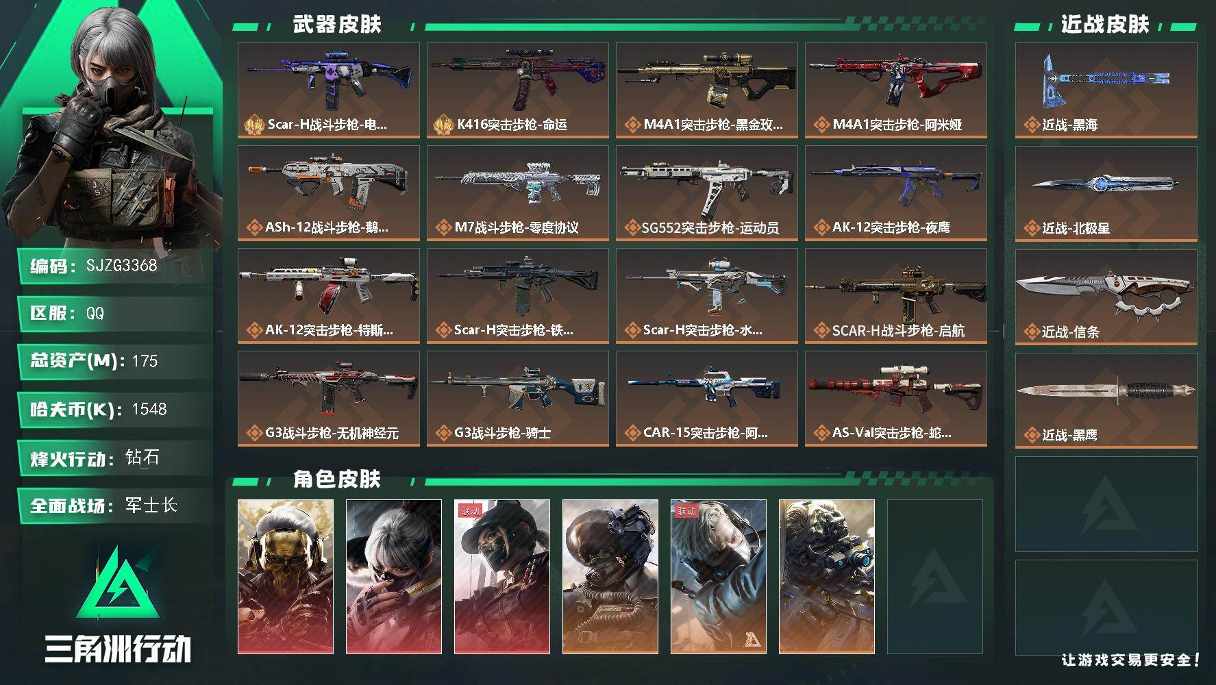 三角洲行动账号QQ【SJZG3368】总资产(M)：175M/哈夫币(K)：1548K/哈夫币(K)：1548K/传说枪皮数：40/全面战场等级：50_段位：军士长/烽火地带等级：60_段位：钻石/红狼-蚀金玫瑰/骇