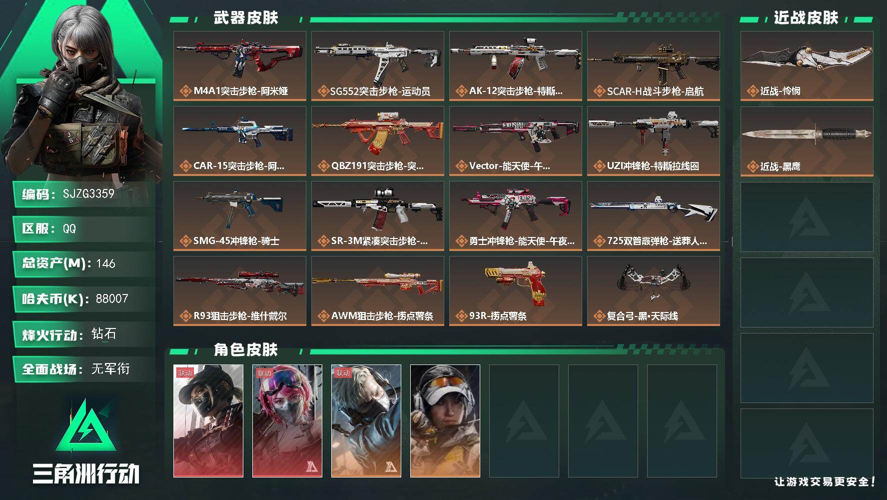 三角洲行动账号QQ【SJZG3359】总资产(M)：146M/哈夫币(K)：88007K/哈夫币(K)：88007K/