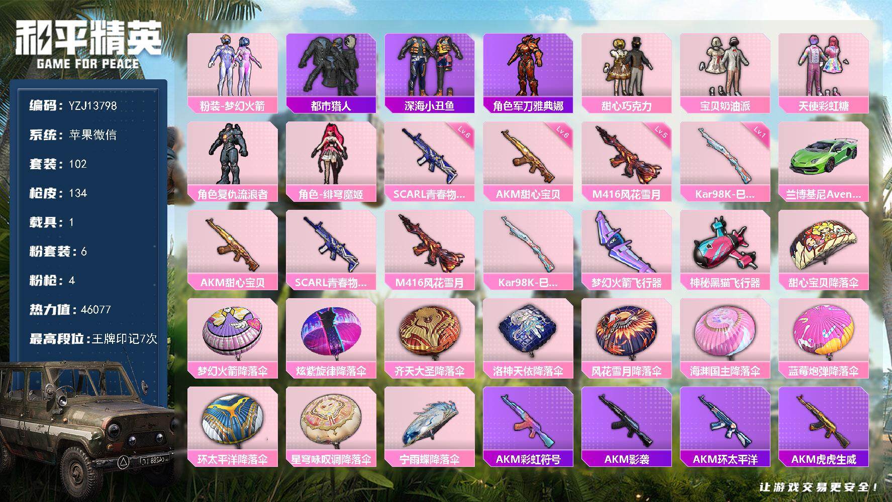 和平精英账号苹果微信YZJ13798 可二次 苹果V-1稀有1载具6粉装4特效枪15热门102套装134枪皮 46037