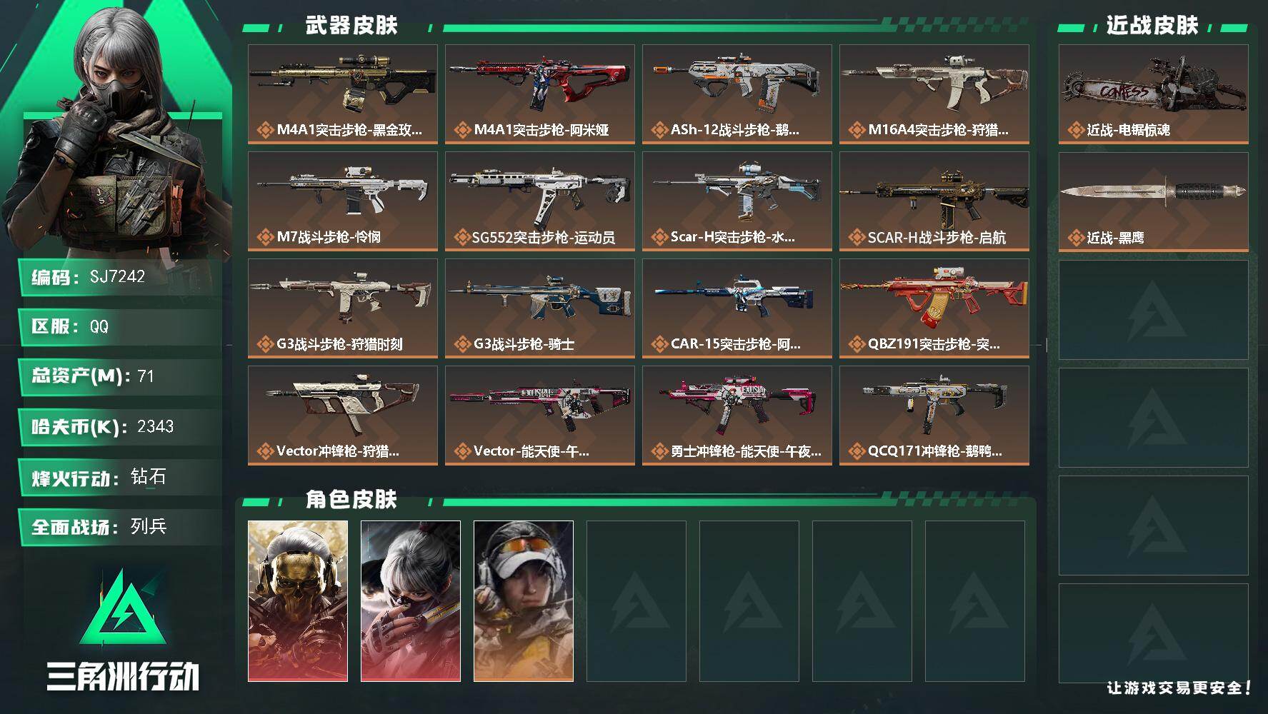 三角洲行动账号QQ【SJ7242】总资产(M)：71M/哈夫币(K)：2343K/哈夫币(K)：2343K/传说枪皮数
