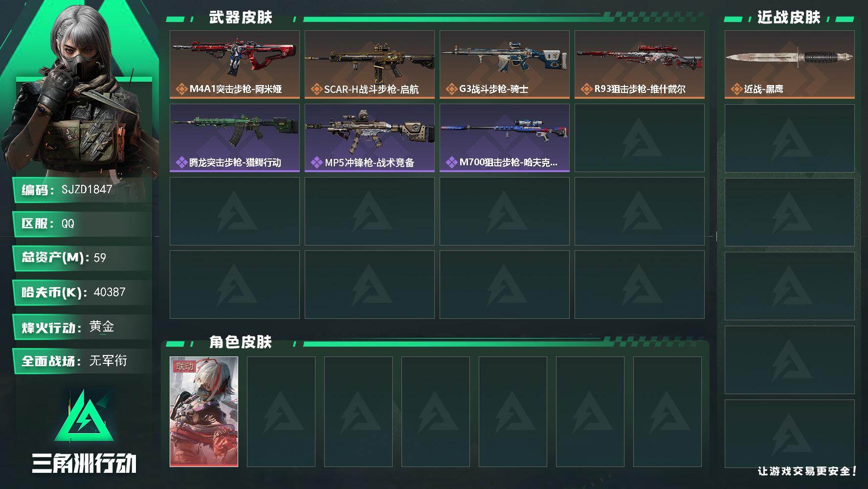三角洲行动账号QQ【SJZD1847】总资产(M)：59M/哈夫币(K)：40387K/哈夫币(K)：40387K/传说枪皮数：4/全面战场等级：5_段位：无段位/烽火地带等级：44_段位：黄金/骇爪-维什戴尔/近战