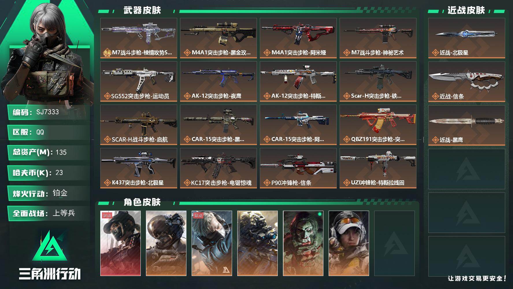 三角洲行动账号QQ【SJ7333】总资产(M)：135M/哈夫币(K)：23K/哈夫币(K)：23K/传说枪皮数：25