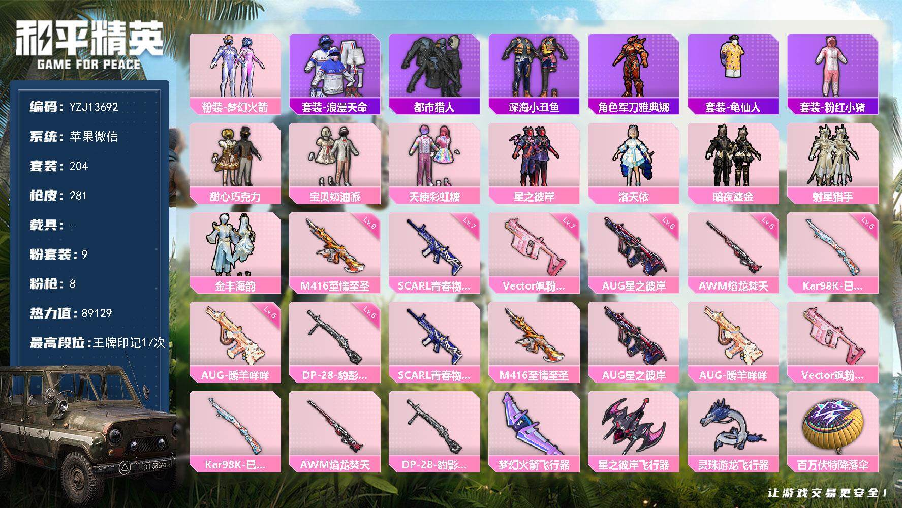 和平精英账号苹果微信0载具-204套装-281枪皮-YZJ13692 可二次 苹果V-2稀有9粉装8特效枪18热门204