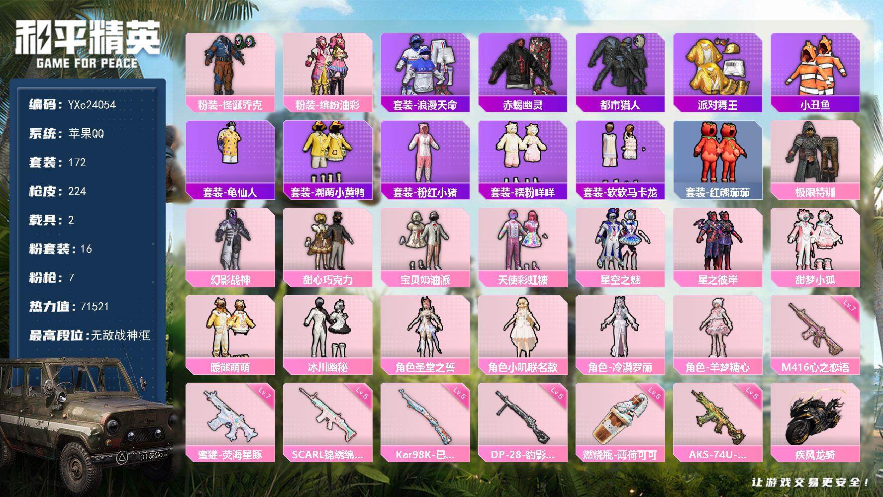 和平精英账号苹果QQ2载具-172套装-224枪皮-【战神素材号！战神框 赤蝎 都市 金鞋 巧克力 怪诞 猪妹 极限特训