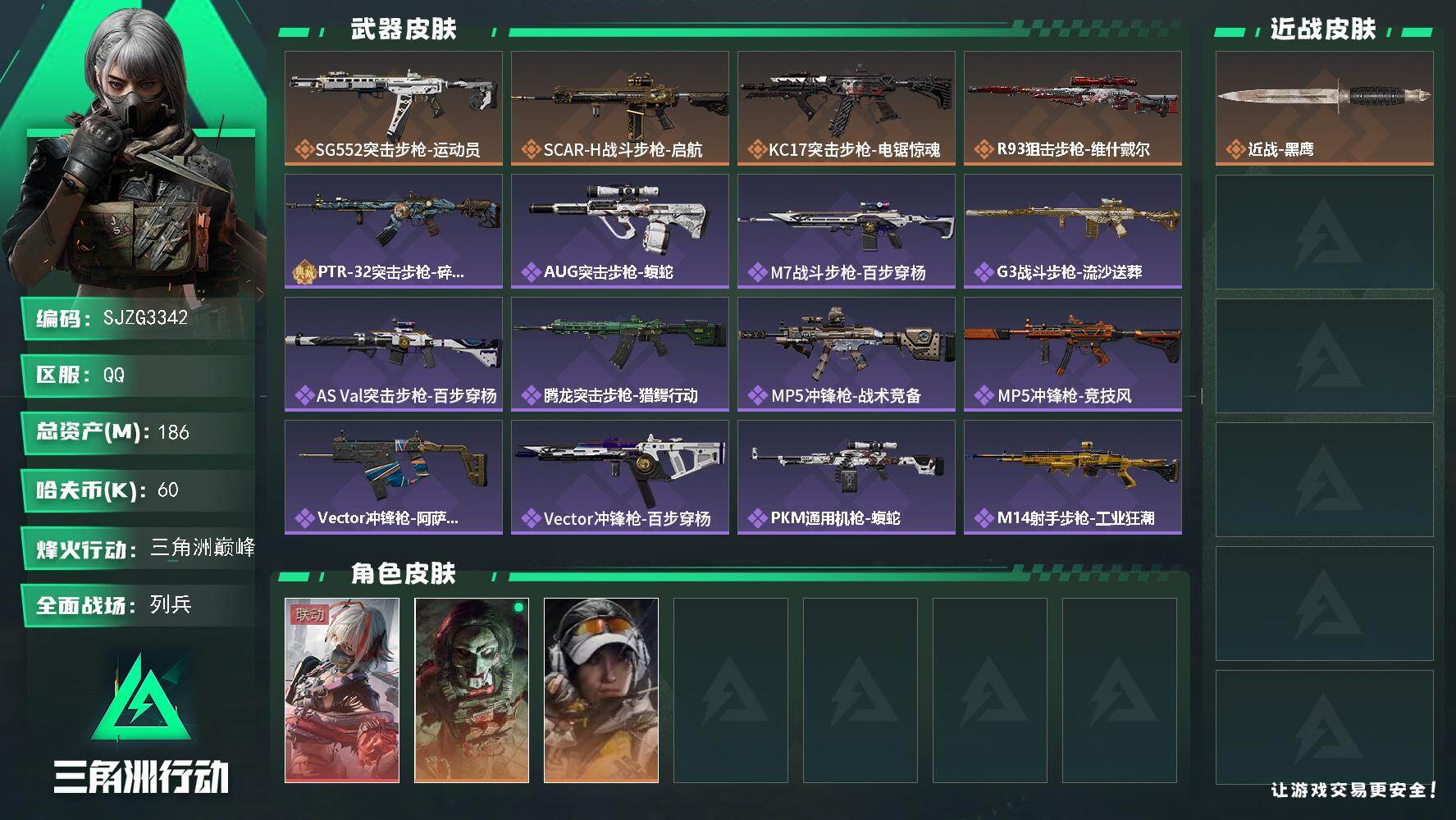 三角洲行动账号QQ【SJZG3342】总资产(M)：186M/哈夫币(K)：60K/哈夫币(K)：60K/传说枪皮数：