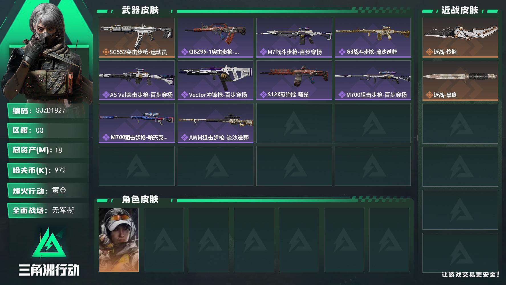 三角洲行动账号QQ【SJZD1827】总资产(M)：18M/哈夫币(K)：972K/哈夫币(K)：972K/传说枪皮数