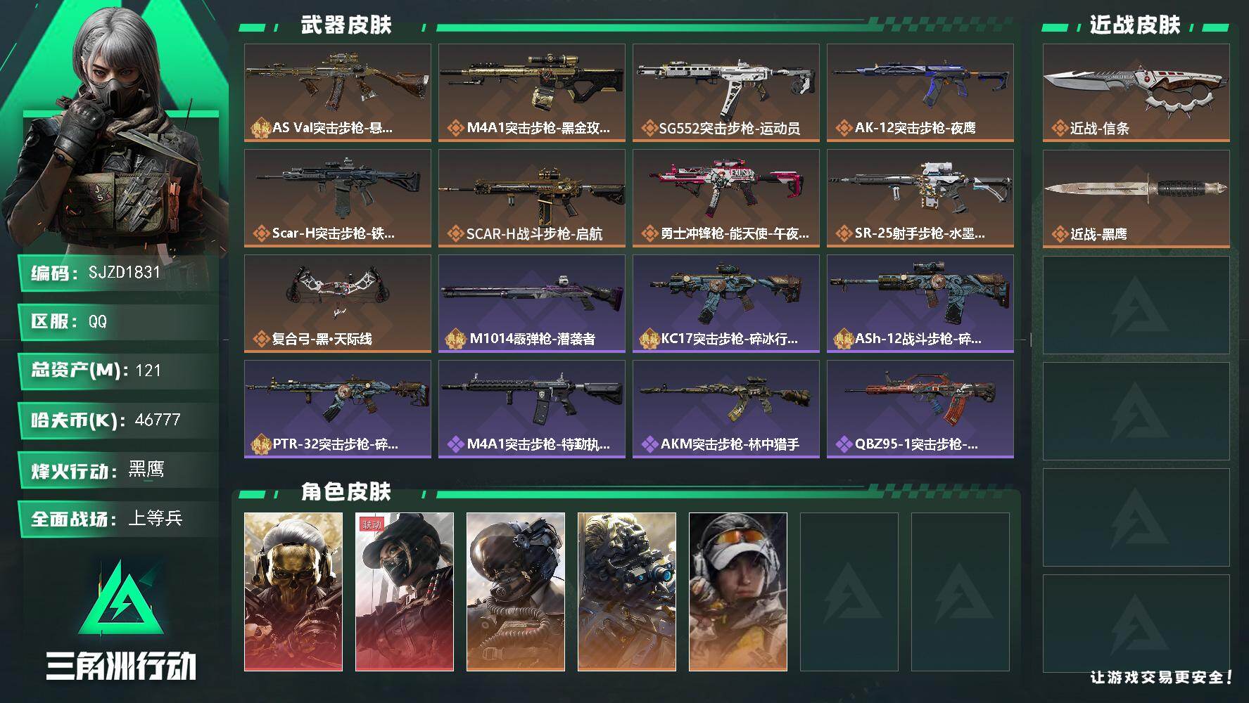 三角洲行动账号QQ【SJZD1831】总资产(M)：121M/哈夫币(K)：46777K/哈夫币(K)：46777K/传说枪皮数：9/全面战场等级：50_段位：上等兵/烽火地带等级：60_段位：黑鹰/红狼-蚀金玫瑰/
