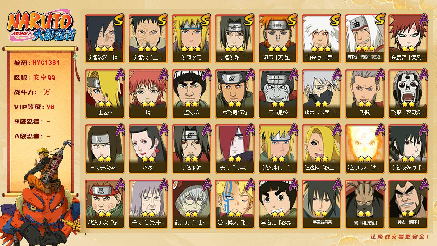 火影忍者账号安卓QQ【HYC1381】V8/日向宁次「忍界大战」/疾风我爱罗/宇智波鼬/死司飞段/凯/2星长门「青年」/