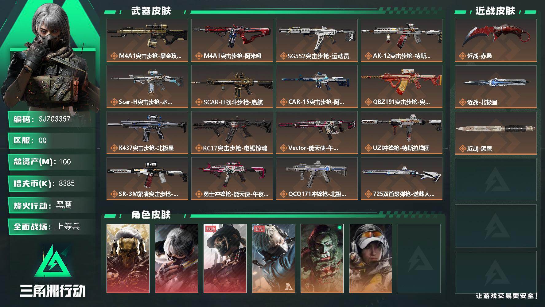 【SJZG3357】总资产(M)：100M/哈夫币(K)：8385K/哈夫币(K)：8385K/传说枪皮数：21/全面战场等级：13_段位：上等兵/烽火地带等级：60_段位：黑鹰/红狼-蚀金玫瑰/骇