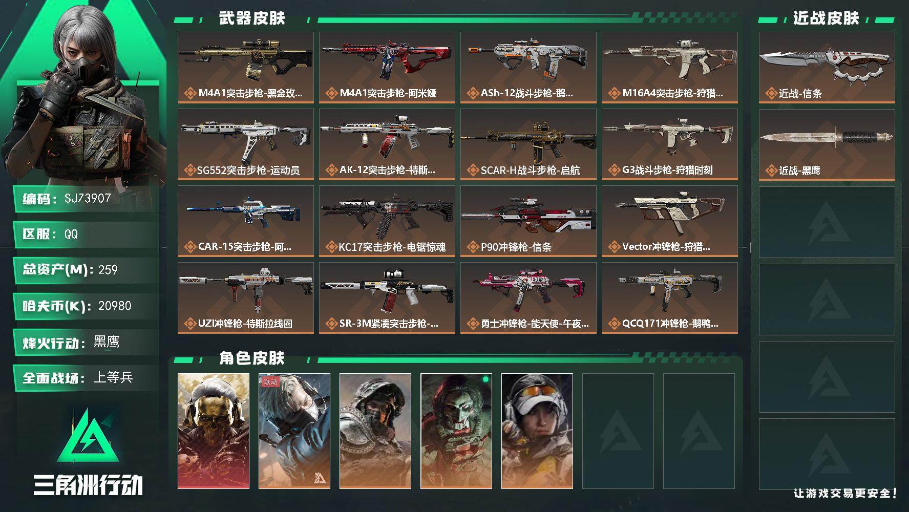 三角洲行动账号QQ【SJZ3907】总资产(M)：259M/哈夫币(K)：20980K/哈夫币(K)：20980K/传说枪皮数：22/全面战场等级：50_段位：上等兵/烽火地带等级：60_段位：黑鹰/红狼-蚀金玫瑰/