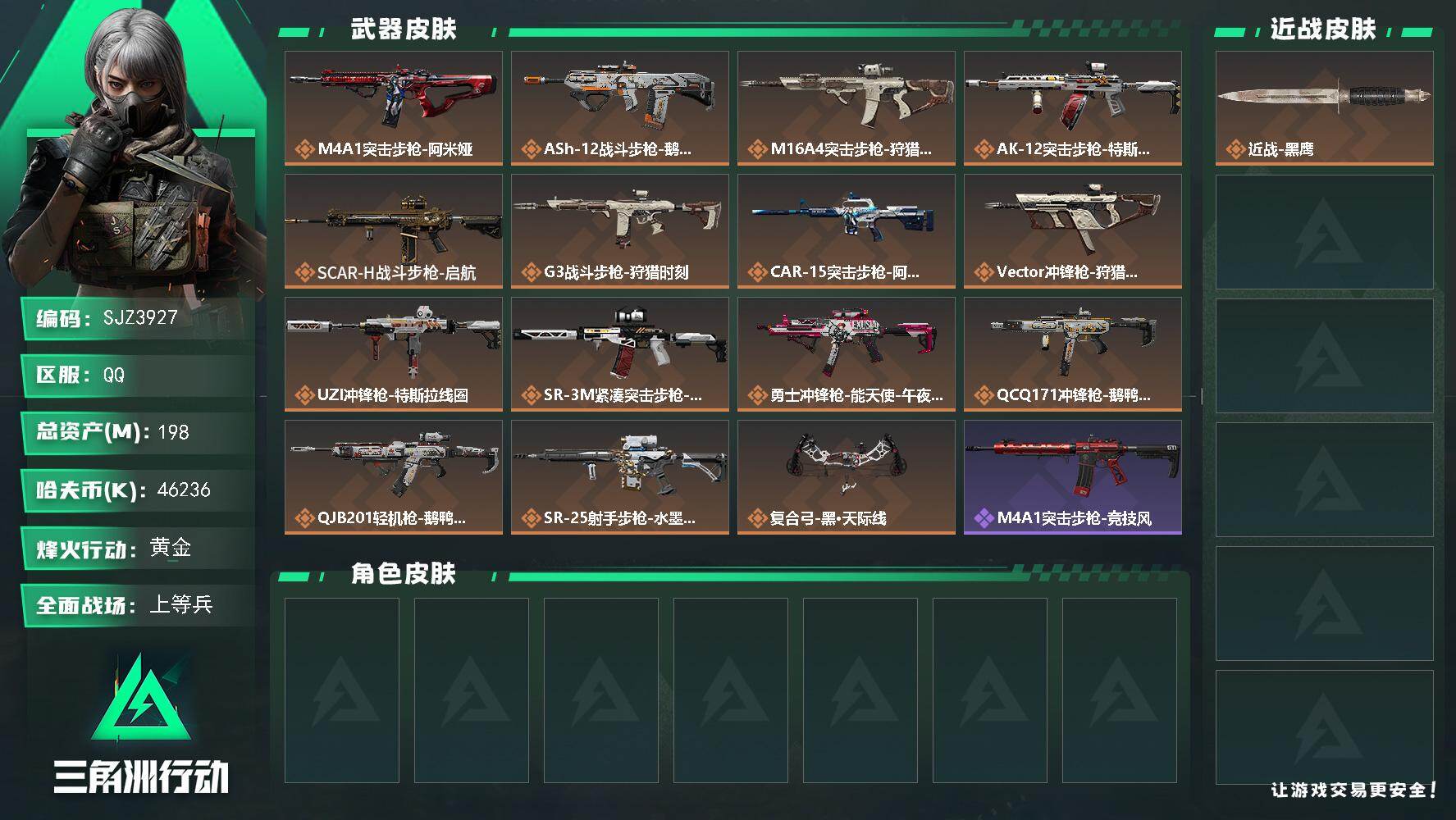 三角洲行动账号QQ【SJZ3927】总资产(M)：198M/哈夫币(K)：46236K/哈夫币(K)：46236K/传