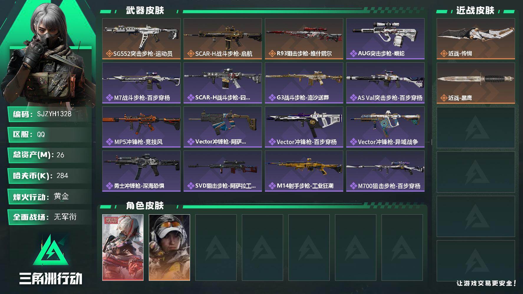三角洲行动账号QQ【SJZYH1328】总资产(M)：26M/哈夫币(K)：284K/哈夫币(K)：284K/传说枪皮数：3/全面战场等级：1_段位：无段位/烽火地带等级：60_段位：黄金/骇爪-维什戴尔/露娜-金牌