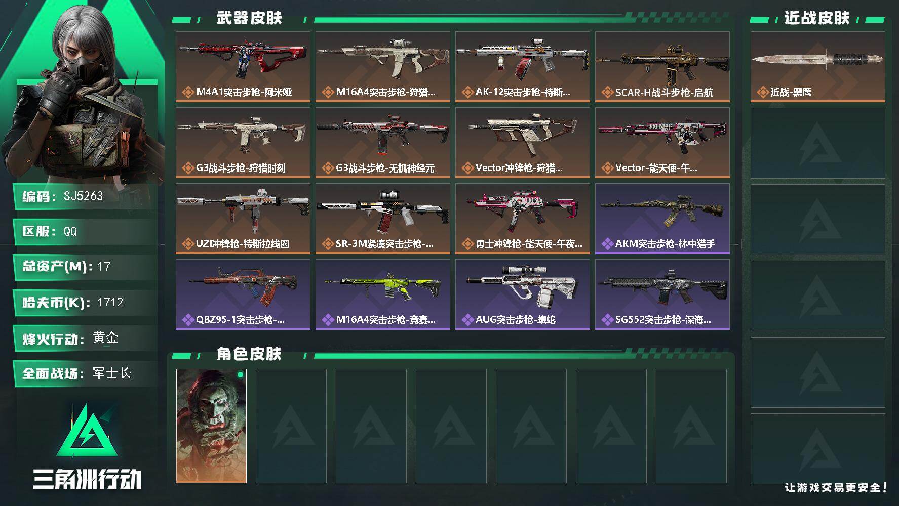 三角洲行动账号QQ【SJ5263】总资产(M)：17M/哈夫币(K)：1712K/哈夫币(K)：1712K/传说枪皮数：11/全面战场等级：34_段位：军士长/烽火地带等级：60_段位：黄金/红狼-电锯惊魂/近战-黑