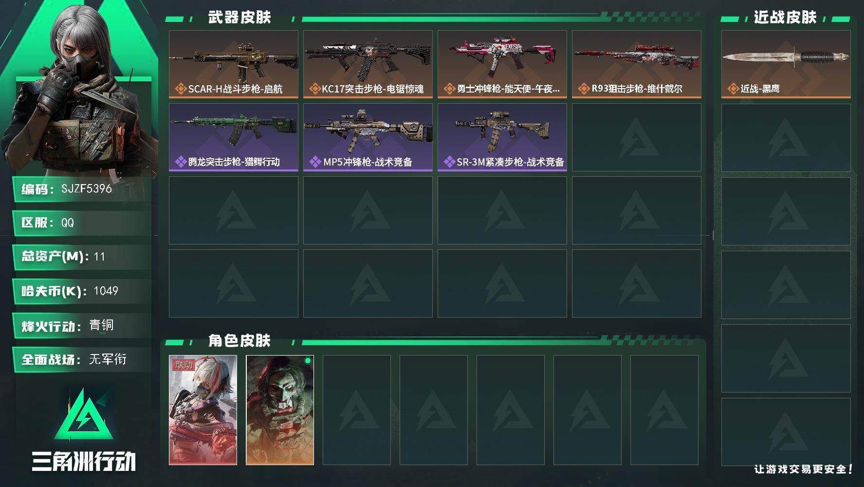 三角洲行动账号QQ【SJZF5396】总资产(M)：11M/哈夫币(K)：1049K/哈夫币(K)：1049K/传说枪皮数：4/全面战场等级：4_段位：无段位/烽火地带等级：23_段位：青铜/骇爪-维什戴尔/红狼-电
