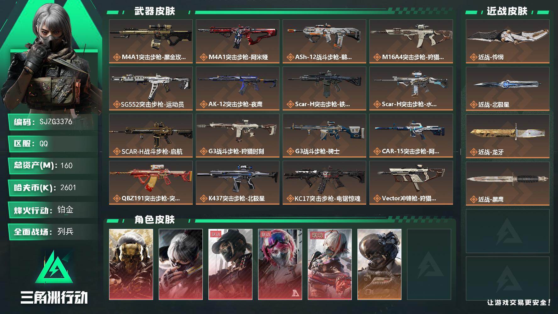 三角洲行动账号QQ【SJZG3376】总资产(M)：160M/哈夫币(K)：2601K/哈夫币(K)：2601K/传说枪皮数：30/全面战场等级：28_段位：列兵/烽火地带等级：60_段位：铂金/红狼-蚀金玫瑰/骇爪