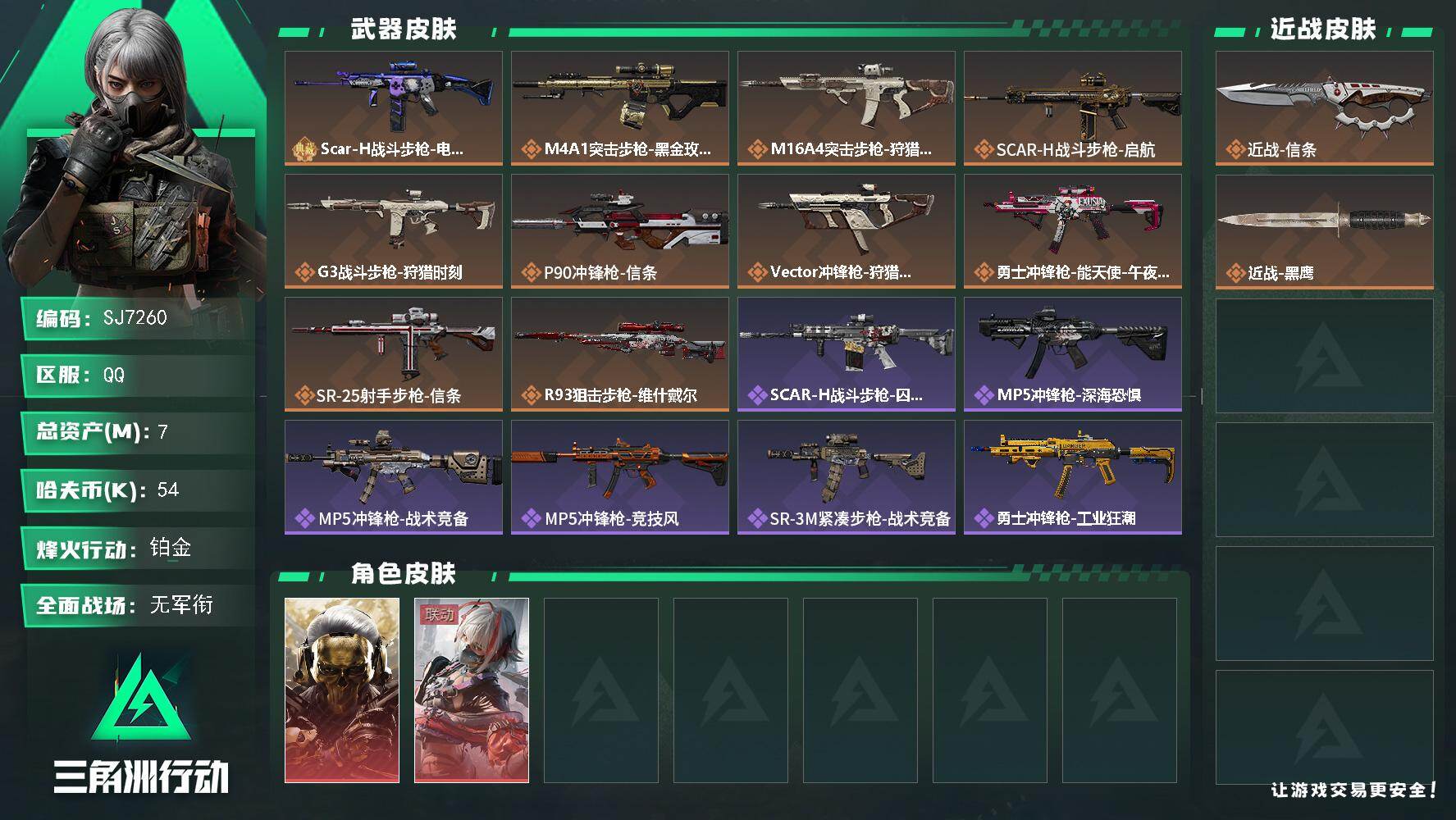 三角洲行动账号QQ【SJ7260】总资产(M)：7M/哈夫币(K)：54K/哈夫币(K)：54K/传说枪皮数：10/全面战场等级：4_段位：无段位/烽火地带等级：60_段位：铂金/红狼-蚀金玫瑰/骇爪-维什戴尔/近战