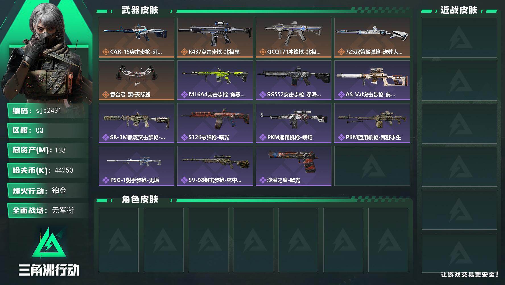 三角洲行动账号QQ【sjs2431】【商品标题】：
【典藏外观】：AK-12突击步枪-阿萨拉卫队，AKS-74U突击步