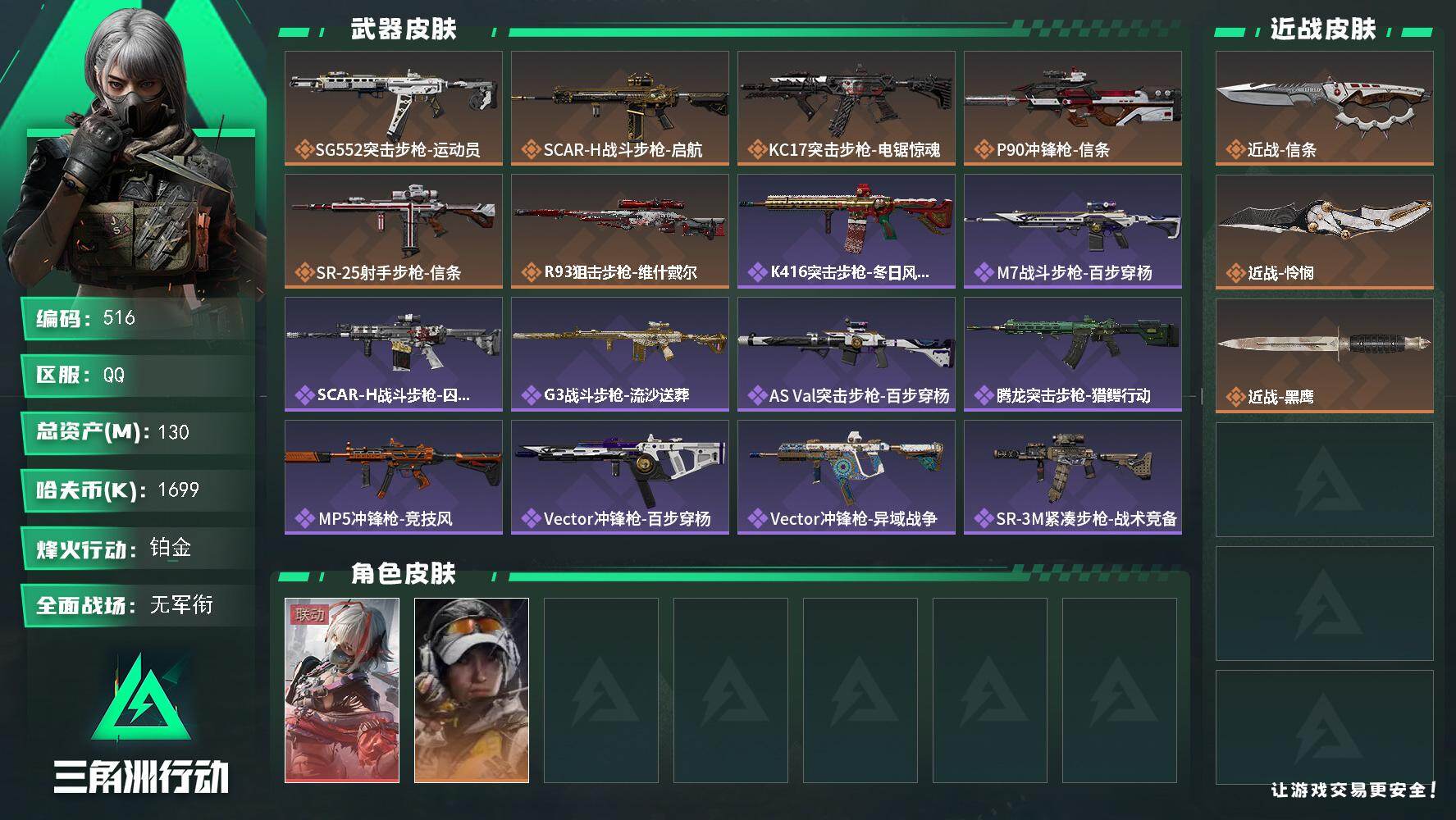 三角洲行动账号QQ130m总资产-1699k哈伏币-60烽火等级-铂金-5战场等级-无军衔
【干员外观】：骇爪-维什戴