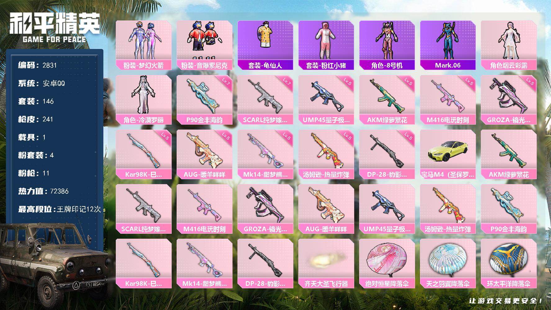 和平精英账号安卓QQ1载具-146套装-241枪皮-146套装/枪械11/装备293/载具1/战备148/王牌印记12/
