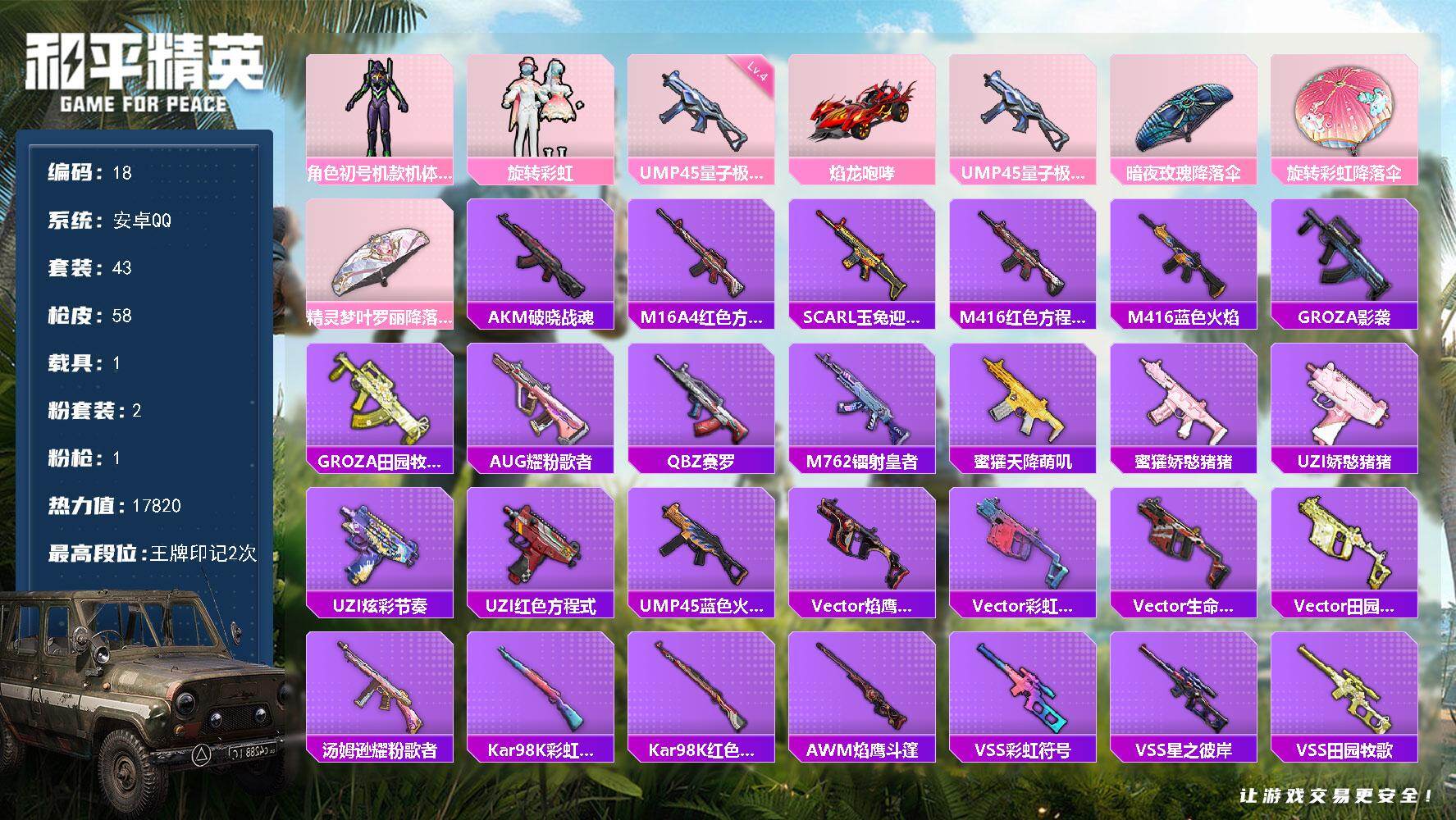 和平精英账号安卓QQ安卓 手Q-2粉装-1特效枪-1载具-0粉色飞行器-17820热力值-2王牌印记-43套装-58枪皮
【粉色套装】：角色-初号机款机体服，粉装-旋转彩虹
【粉色枪皮等级】：UMP45-量子极限(四级