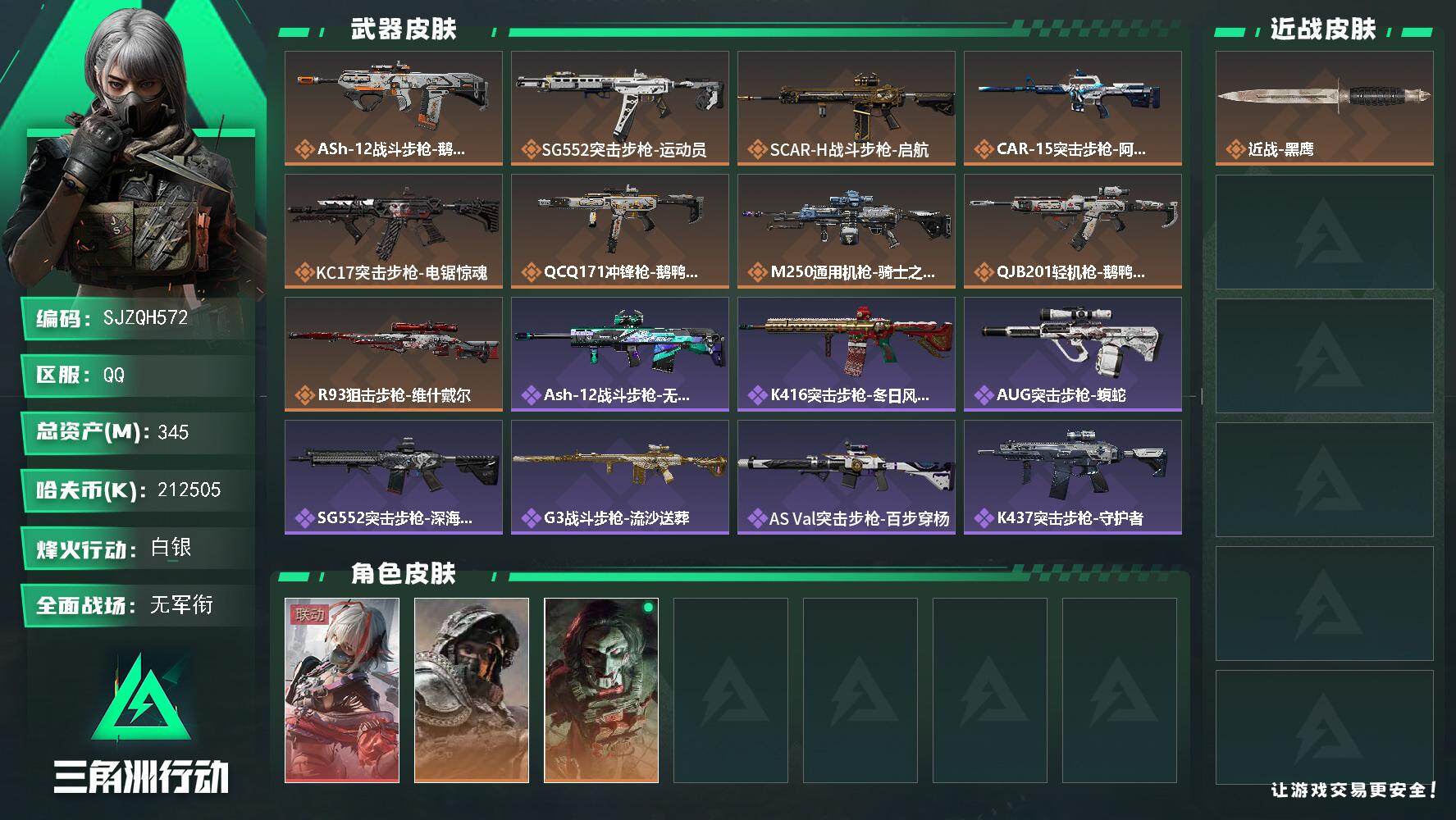 三角洲行动账号QQ【SJZQH572】总资产(M)：345M/哈夫币(K)：212505K/哈夫币(K)：212505K/传说枪皮数：9/全面战场等级：1_段位：无段位/烽火地带等级：60_段位：白银/骇爪-维什戴尔