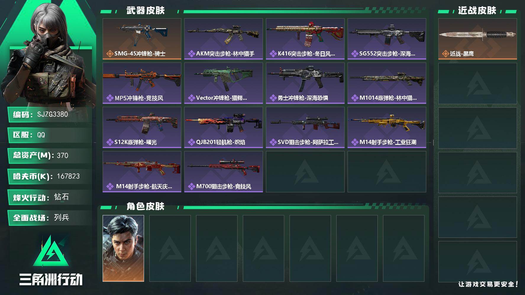 三角洲行动账号QQ【SJZG3380】总资产(M)：370M/哈夫币(K)：167823K/哈夫币(K)：167823