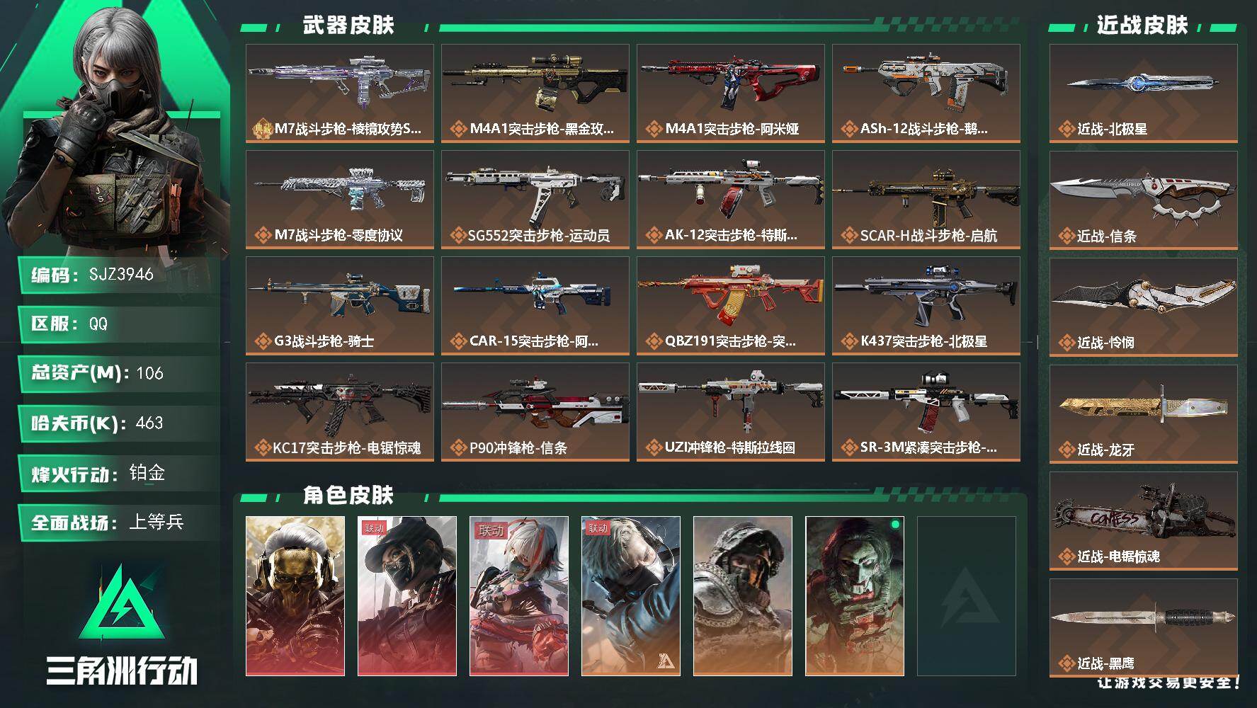 三角洲行动账号QQ【SJZ3946】总资产(M)：106M/哈夫币(K)：463K/哈夫币(K)：463K/传说枪皮数