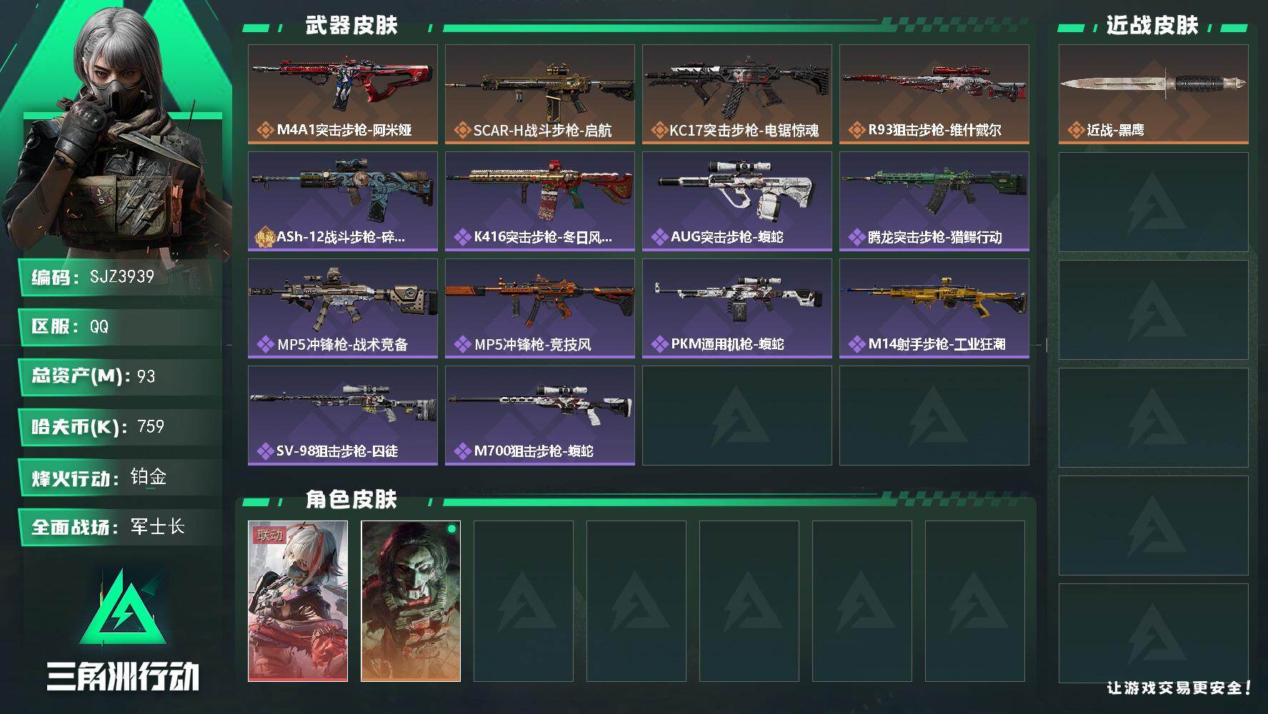 三角洲行动账号QQ【SJZ3939】总资产(M)：93M/哈夫币(K)：759K/哈夫币(K)：759K/传说枪皮数：4/全面战场等级：46_段位：军士长/烽火地带等级：60_段位：铂金/骇爪-维什戴尔/红狼-电锯惊