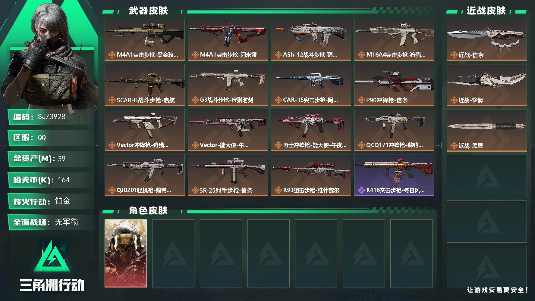 三角洲行动账号QQ【SJZ3928】总资产(M)：39M/哈夫币(K)：164K/哈夫币(K)：164K/传说枪皮数：15/全面战场等级：2_段位：无段位/烽火地带等级：55_段位：铂金/红狼-蚀金玫瑰/近战-信条/