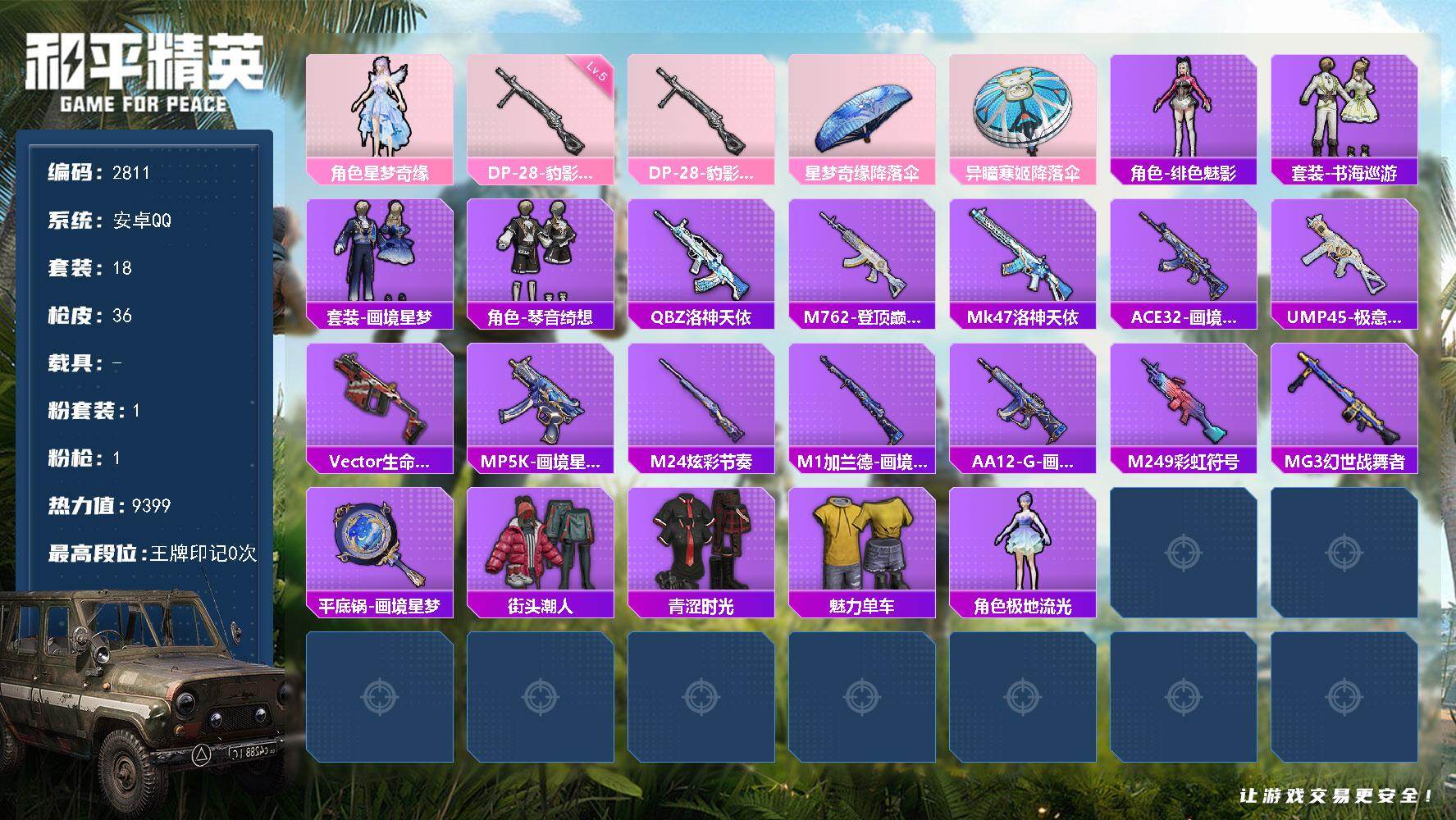 和平精英账号安卓QQ0载具-18套装-36枪皮-18套装/枪械1/装备55/战备32/热力值9399/五级DP-28-豹