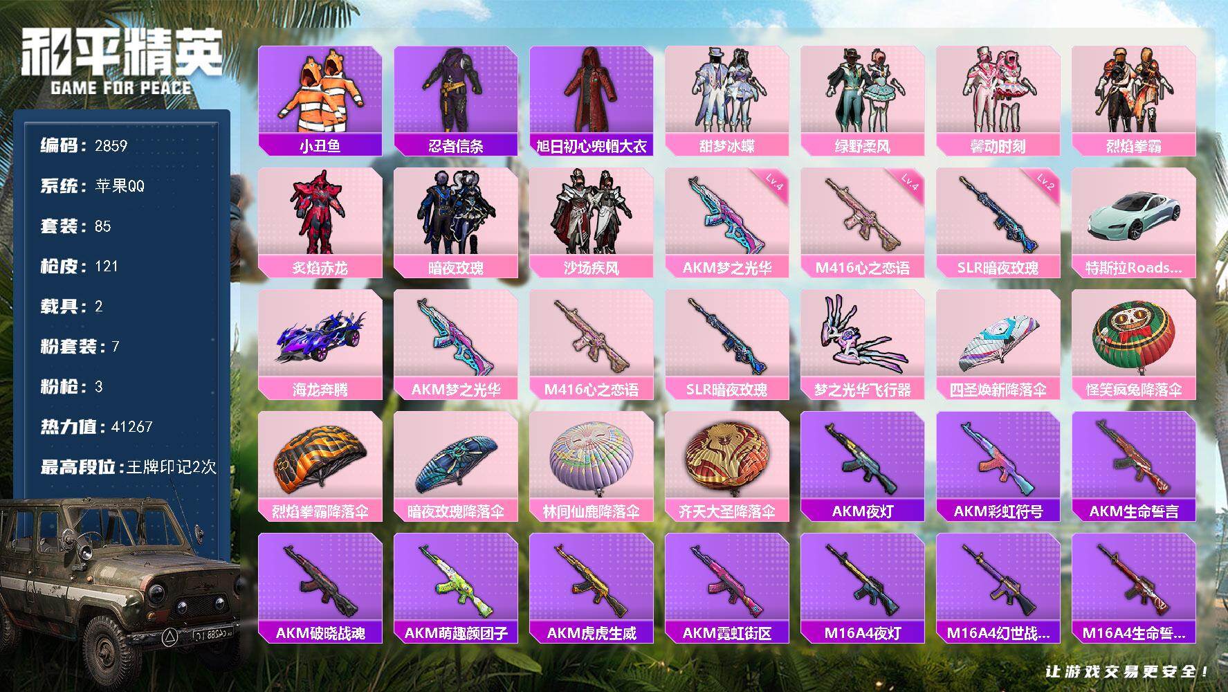 和平精英账号苹果QQ2载具-85套装-121枪皮-85套装/枪械3/装备130/载具2/战备75/王牌印记2/热力值41
