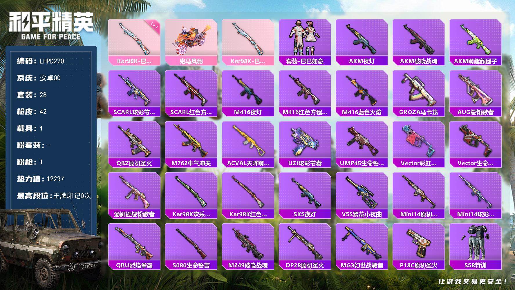 和平精英账号安卓QQ【特价出售/店主推荐】安卓 手Q-0粉装-1特效枪-1载具-0粉色飞行器-12237热力值-2王牌印记-28套装-42枪皮【粉色枪皮等级】：Kar98K-巳巳如意(一级)【粉色载具】：鬼马风驰【粉色