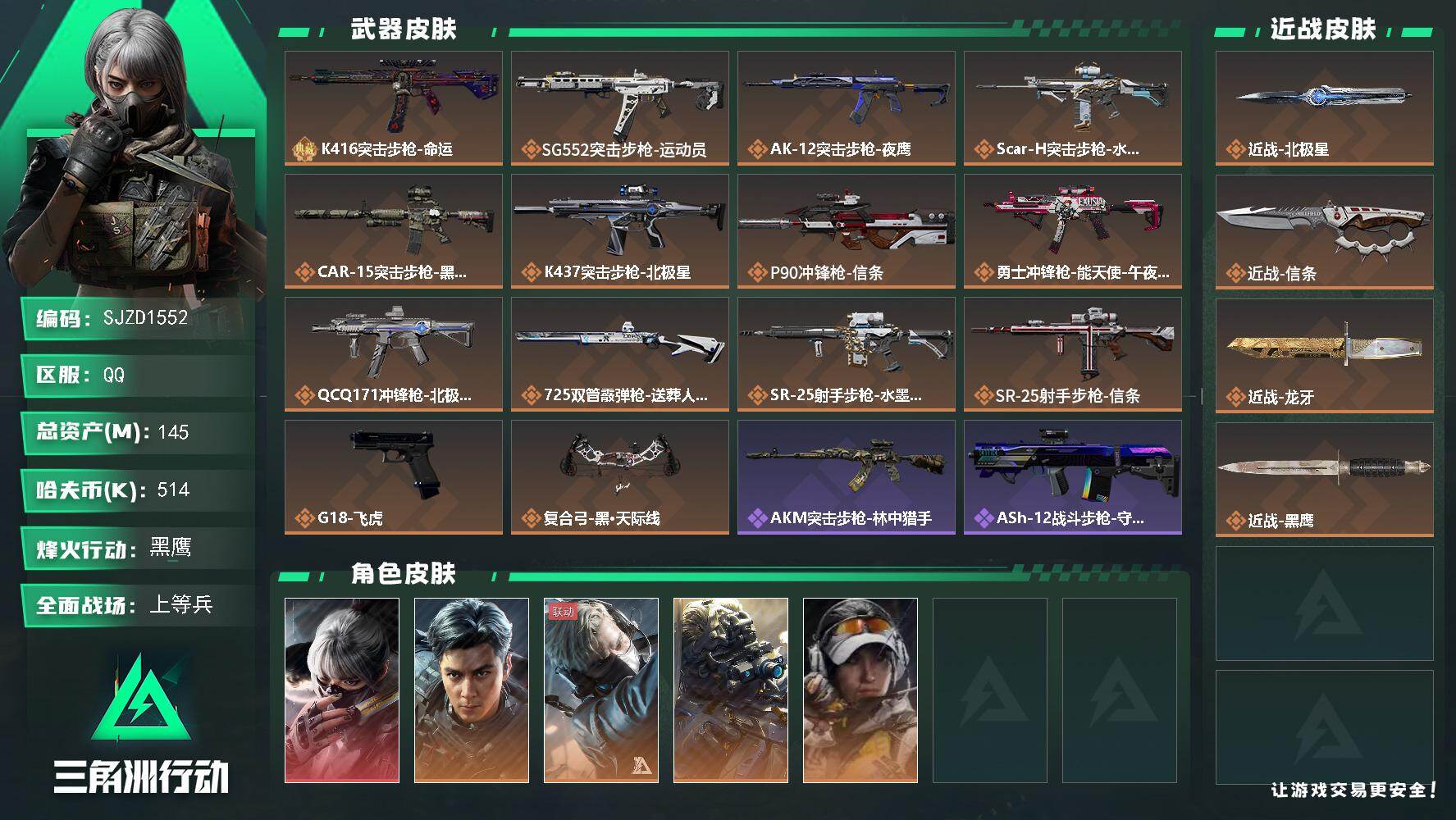 三角洲行动账号QQ【SJZD1552】总资产(M)：145M/哈夫币(K)：514K/哈夫币(K)：514K/传说枪皮
