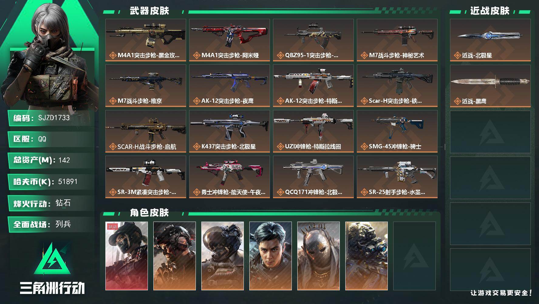 三角洲行动账号QQ【SJZD1733】总资产(M)：142M/哈夫币(K)：51891K/哈夫币(K)：51891K/