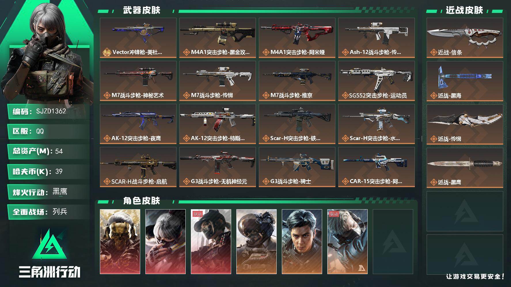 三角洲行动账号QQ【SJZD1362】总资产(M)：54M/哈夫币(K)：39K/哈夫币(K)：39K/传说枪皮数：3