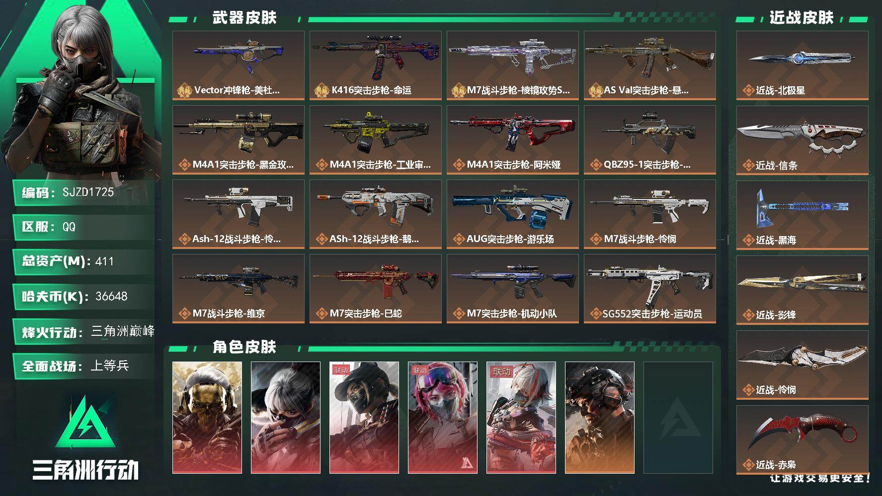 三角洲行动账号QQ【SJZD1725】总资产(M)：411M/哈夫币(K)：36648K/哈夫币(K)：36648K/传说枪皮数：66/全面战场等级：46_段位：上等兵/烽火地带等级：60_段位：三角洲巅峰/红狼-蚀