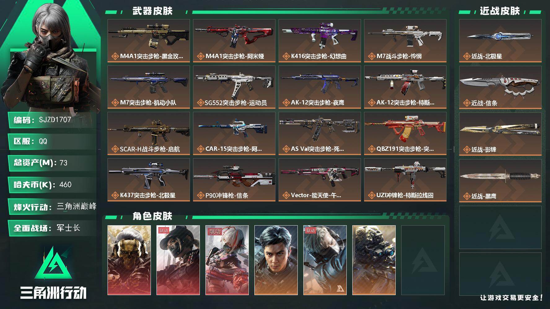 三角洲行动账号QQ【SJZD1707】总资产(M)：73M/哈夫币(K)：460K/哈夫币(K)：460K/传说枪皮数