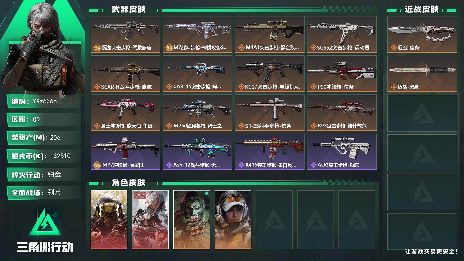 三角洲行动账号QQ【热门皮肤号：双红+单刀+二典藏皮肤-蚀金玫瑰+维什戴尔+信条】【腾龙突击步枪-气象感应毒（优品B）