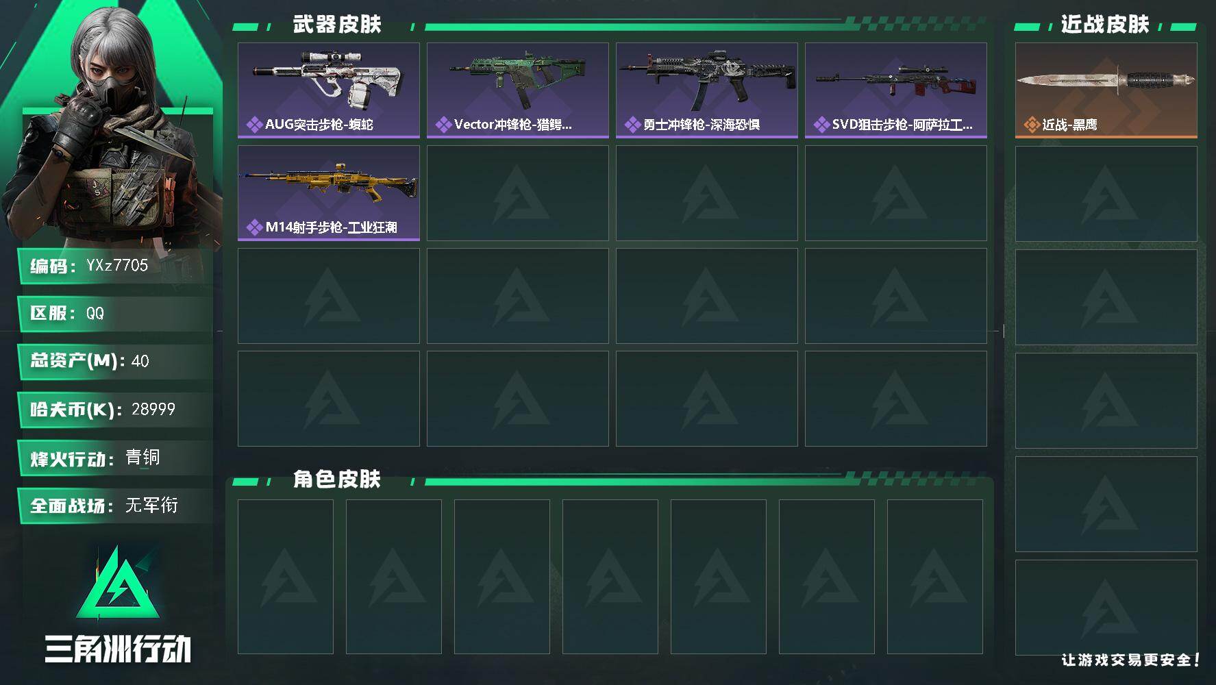 三角洲行动账号QQ【小额资产号40M.适合小白入游首选.性价比超高账号】【Q区三端互通】【无二次】YXz7705-特勤