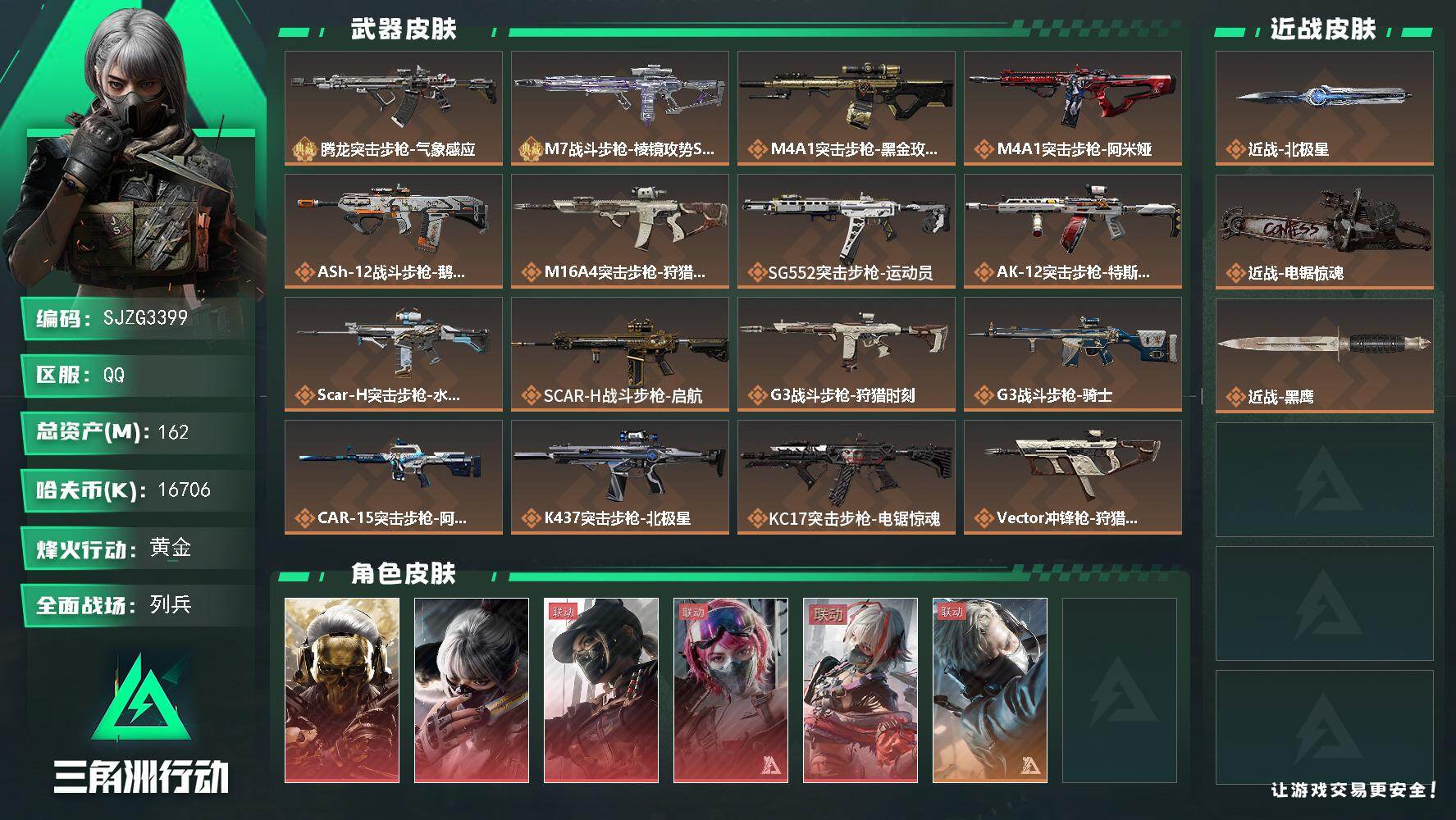 三角洲行动账号QQ【SJZG3399】总资产(M)：162M/哈夫币(K)：16706K/哈夫币(K)：16706K/传说枪皮数：31/全面战场等级：21_段位：列兵/烽火地带等级：60_段位：黄金/红狼-蚀金玫瑰/