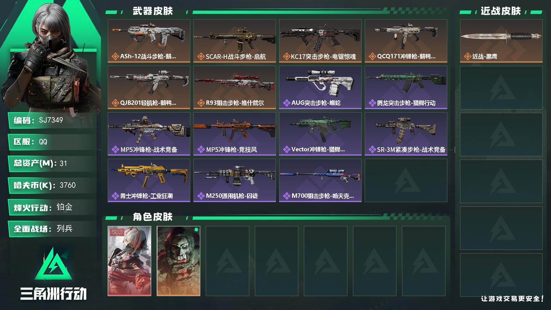三角洲行动账号QQ【SJ7349】总资产(M)：31M/哈夫币(K)：3760K/哈夫币(K)：3760K/传说枪皮数：6/全面战场等级：14_段位：列兵/烽火地带等级：60_段位：铂金/骇爪-维什戴尔/红狼-电锯惊
