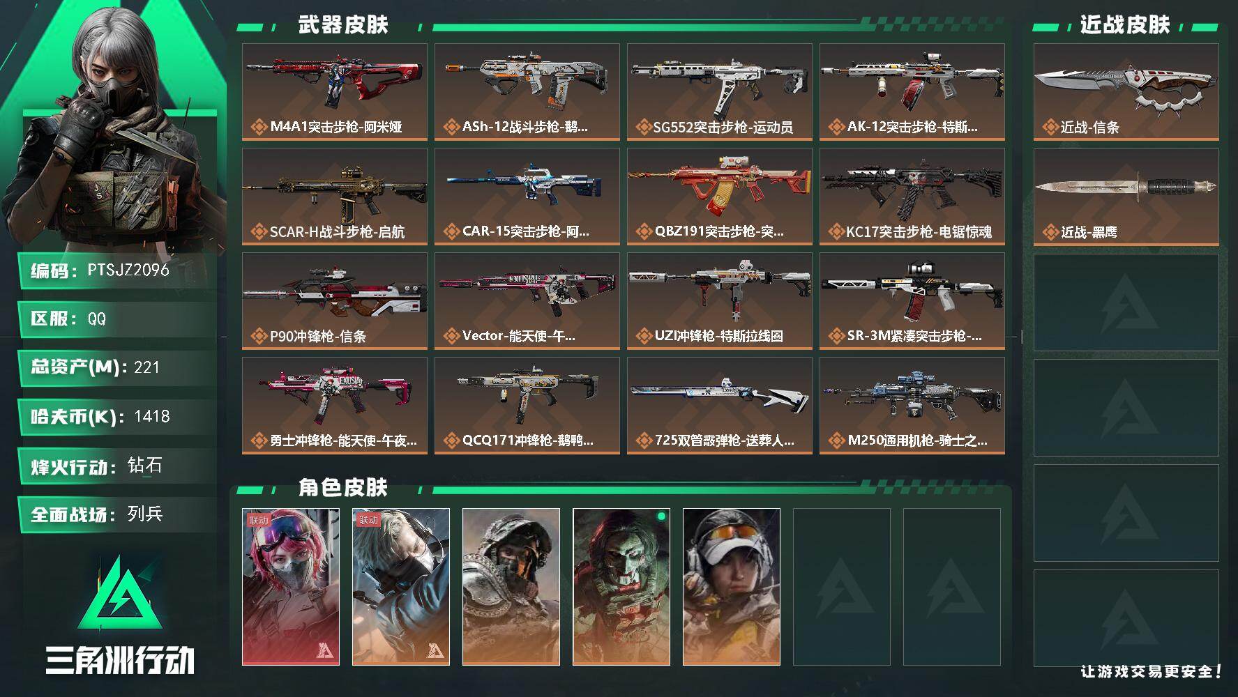 三角洲行动账号QQ【PTSJZ2096】总资产(M)：221M/哈夫币(K)：1418K/哈夫币(K)：1418K/传